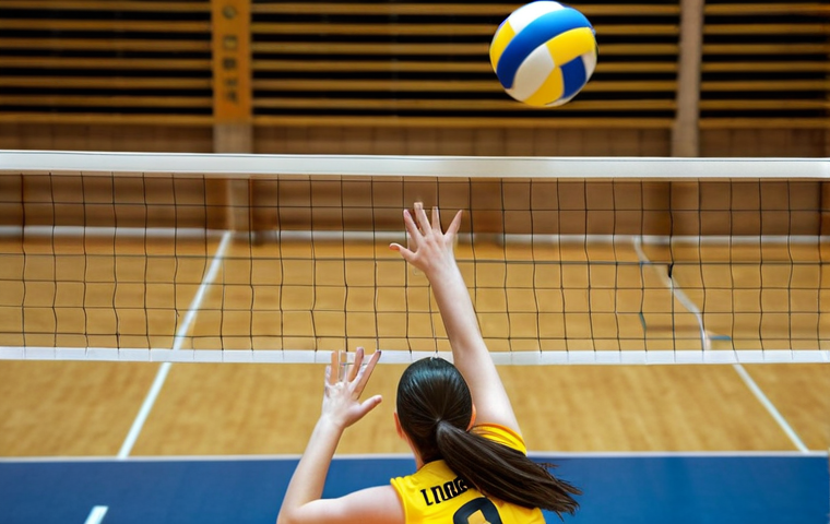 **
A dynamic action shot of a volleyball player mid-air, arms extended high above the net, hands angled inwards forming a blocking "roof." Focus on the intensity in their eyes and the blurred movement of the approaching volleyball. The background shows a brightly lit volleyball court with teammates in supporting positions. Emphasize the power and precision of the block.
**