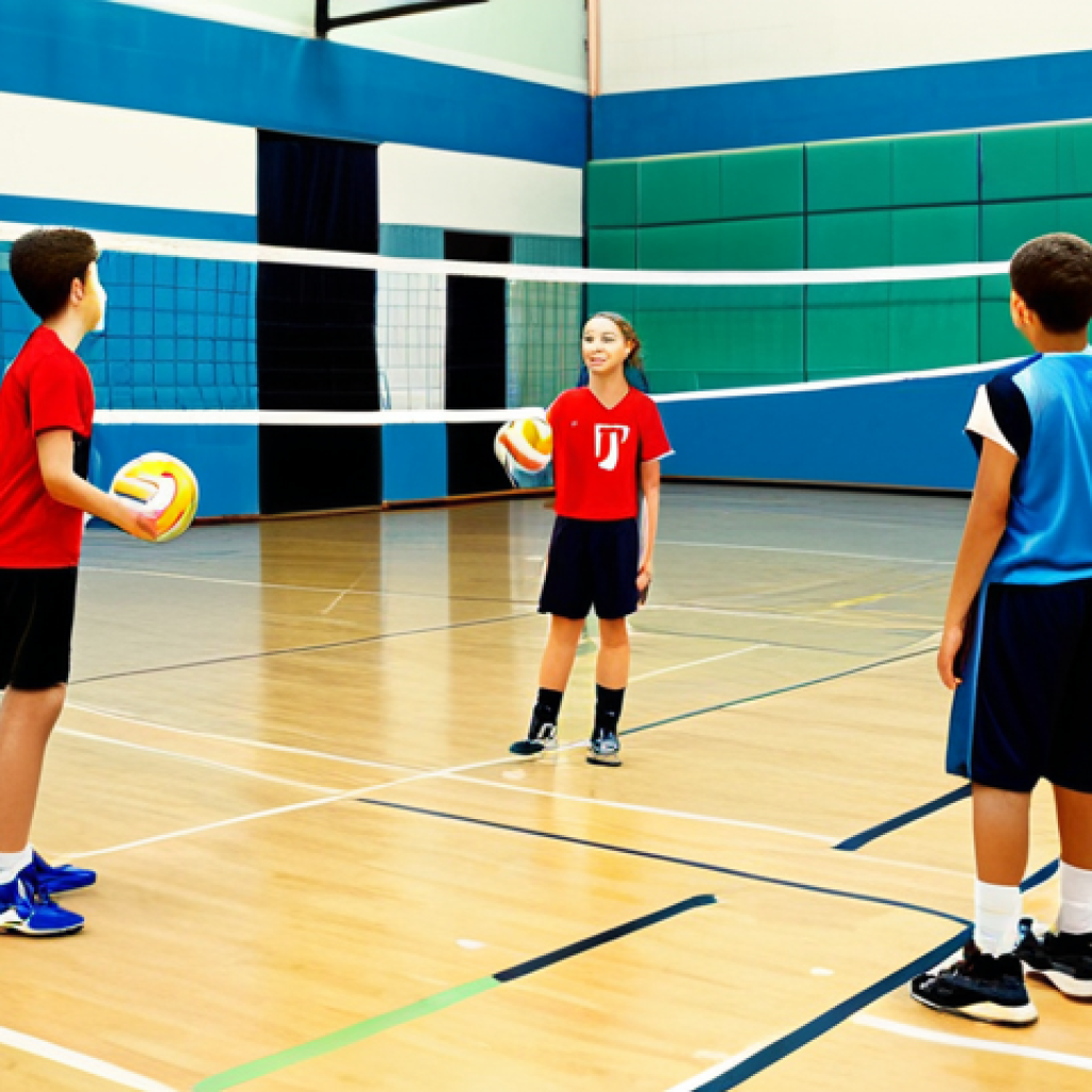 Volleyball Training Session**

"A group of young athletes participating in a volleyball training session indoors, fully clothed in appropriate athletic wear (jerseys, shorts, athletic shoes), practicing passing drills with a coach demonstrating proper form. Gymnasium setting, bright lighting, volleyball net visible in the background. Safe for work, appropriate content, family-friendly, perfect anatomy, correct proportions, natural pose, professional photography, high quality."

**