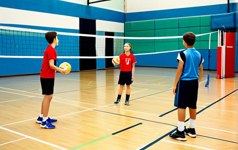 Volleyball Training Session**

"A group of young athletes participating in a volleyball training session indoors, fully clothed in appropriate athletic wear (jerseys, shorts, athletic shoes), practicing passing drills with a coach demonstrating proper form. Gymnasium setting, bright lighting, volleyball net visible in the background. Safe for work, appropriate content, family-friendly, perfect anatomy, correct proportions, natural pose, professional photography, high quality."

**