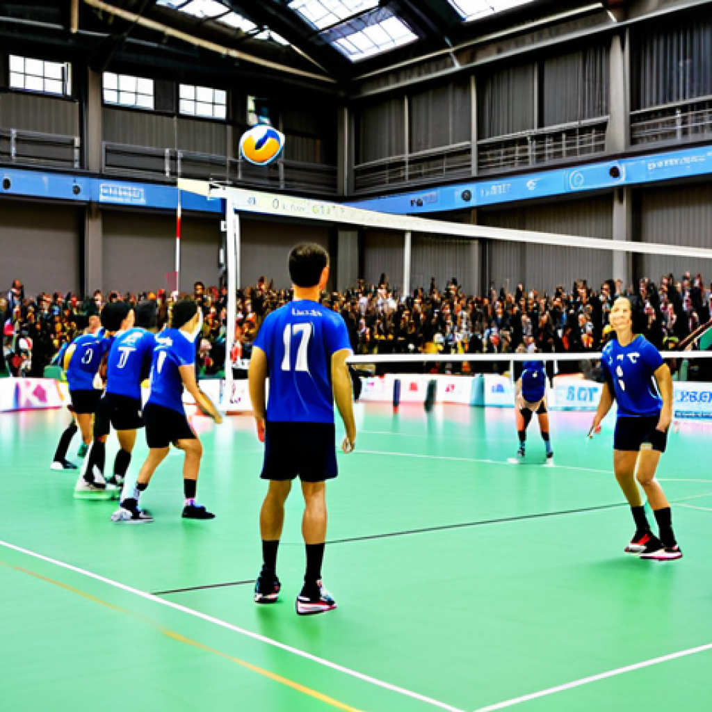 Dynamic 5-1 Formation**

"A vibrant volleyball match in Paris, focusing on the setter orchestrating a 5-1 offensive system. Players are in action, displaying focused determination. The background features a modern Parisian gymnasium. High quality, dynamic composition, perfect anatomy, fully clothed in appropriate athletic wear, safe for work, professional."

**