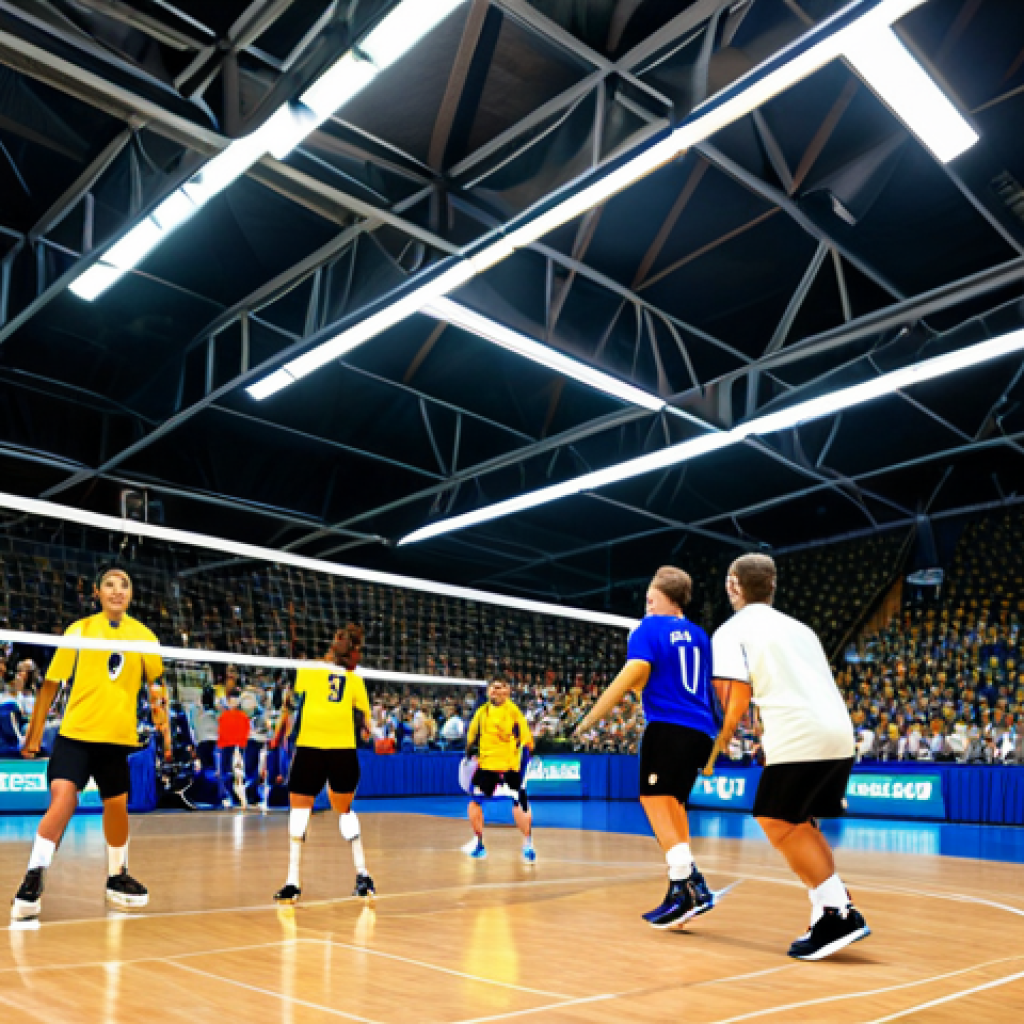 **

"A well-lit indoor volleyball court, LED lighting system visible in the ceiling, players in motion during a game, focus on even illumination across the court, professional sports photography, safe for work, appropriate content, fully clothed, family-friendly, perfect anatomy, natural proportions, no shadows."

**