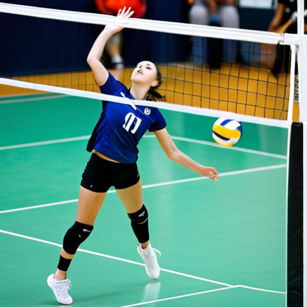 Action Shot**

"A female volleyball player in mid-air, about to spike the ball during a professional indoor volleyball match. She is wearing a team jersey, athletic shorts, and volleyball shoes. Fully clothed, appropriate attire, safe for work. The background shows the blurred image of the opposing team and the volleyball court. Perfect anatomy, correct proportions, natural pose, dynamic action shot, professional sports photography, high quality, modest, family-friendly."

**