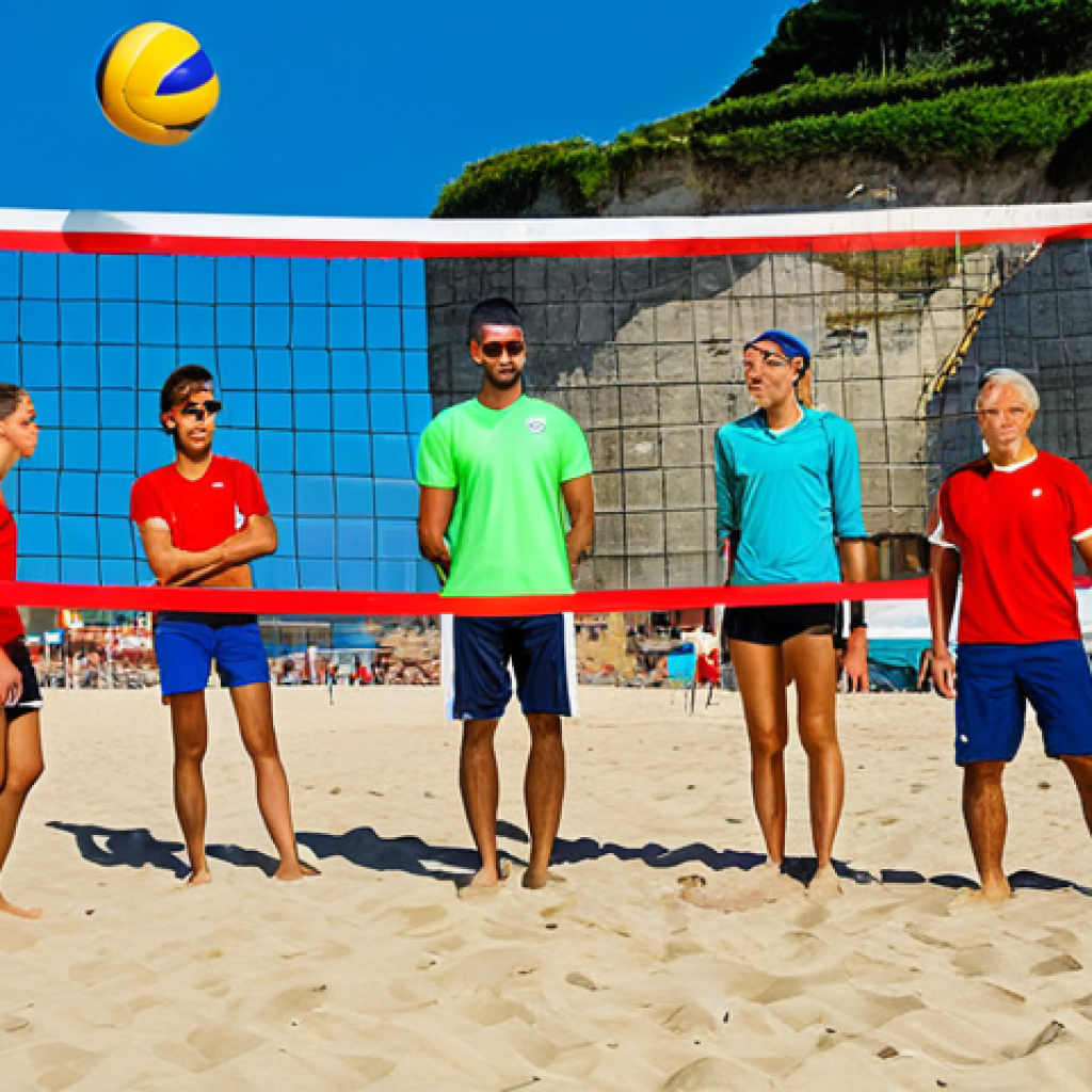 Beach Volleyball Fun**

"A group of friends playing beach volleyball on a sunny beach in Biarritz, France, fully clothed in athletic wear, appropriate attire, safe for work, perfect anatomy, natural proportions, vibrant colors, soft lighting, family-friendly, realistic style, professional photography. The volleyball net is brightly colored and well-maintained."

**