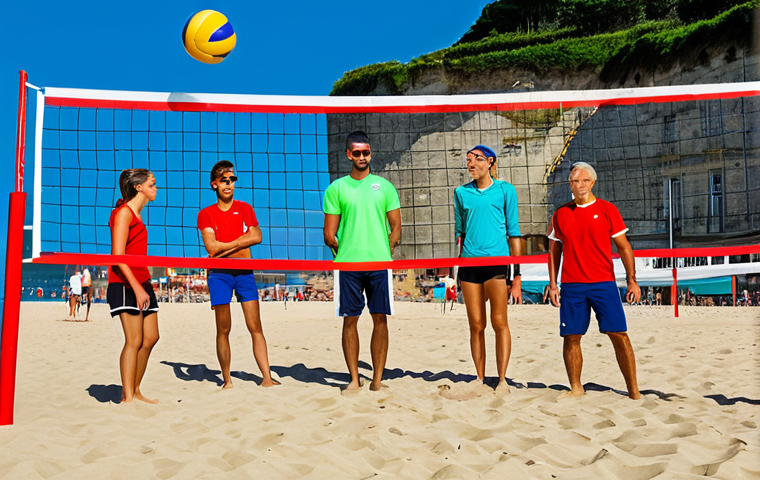 Beach Volleyball Fun**

"A group of friends playing beach volleyball on a sunny beach in Biarritz, France, fully clothed in athletic wear, appropriate attire, safe for work, perfect anatomy, natural proportions, vibrant colors, soft lighting, family-friendly, realistic style, professional photography. The volleyball net is brightly colored and well-maintained."

**