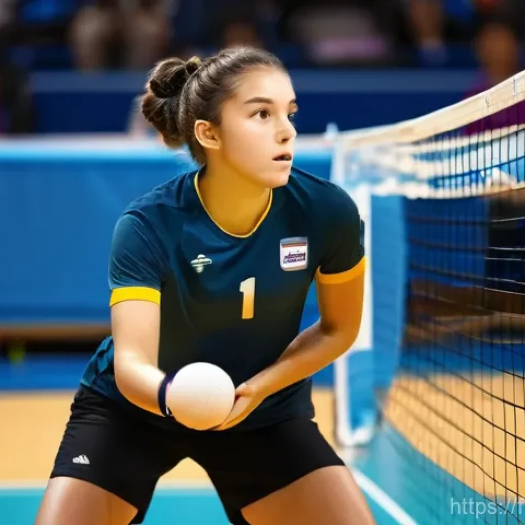 배구 경기에서 전략적 휴식법 - **Prompt 1: Focused Micro-Recovery During a Match**
    A young female volleyball player, mid-game, ...