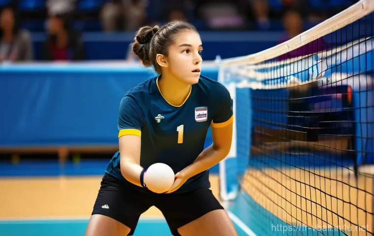 배구 경기에서 전략적 휴식법 - **Prompt 1: Focused Micro-Recovery During a Match**
    A young female volleyball player, mid-game, ...