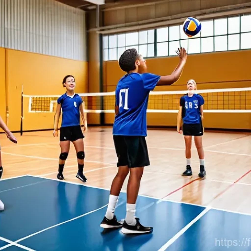 배구 관련 동호회 활동 - **Prompt:** A vibrant and dynamic indoor volleyball game in progress. A diverse group of adult playe...