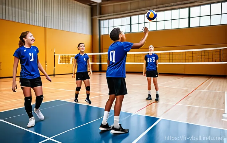 배구 관련 동호회 활동 - **Prompt:** A vibrant and dynamic indoor volleyball game in progress. A diverse group of adult playe...