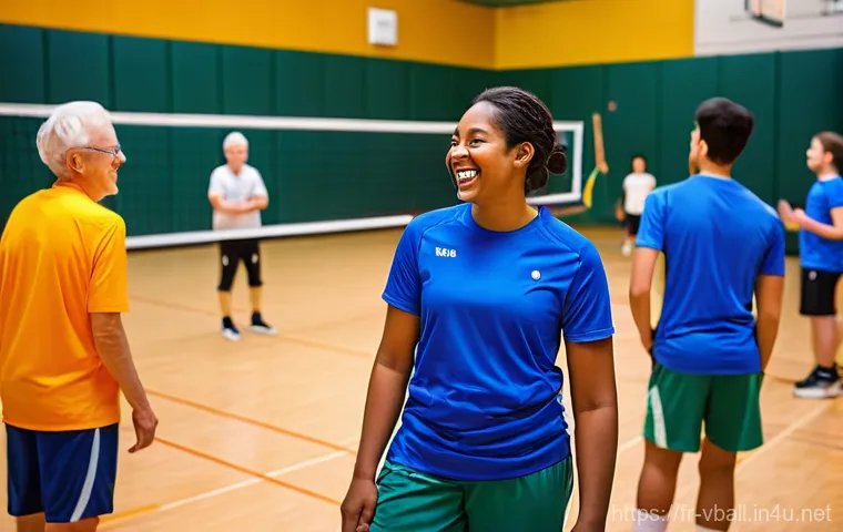 배구 관련 동호회 활동 - **Prompt:** A warm and inviting scene depicting a group of diverse adult volleyball club members soc...