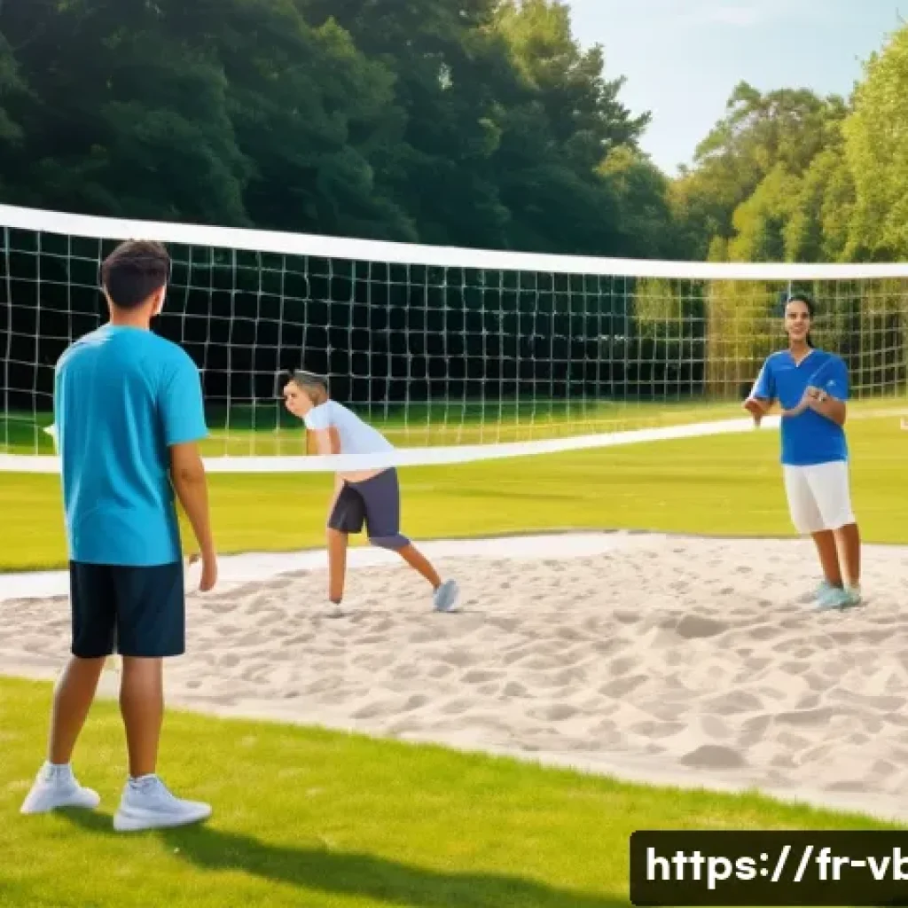 배구 네트 셋업 방법 - A group of cheerful friends, a mix of adults and teenagers, are diligently setting up a sturdy volle...