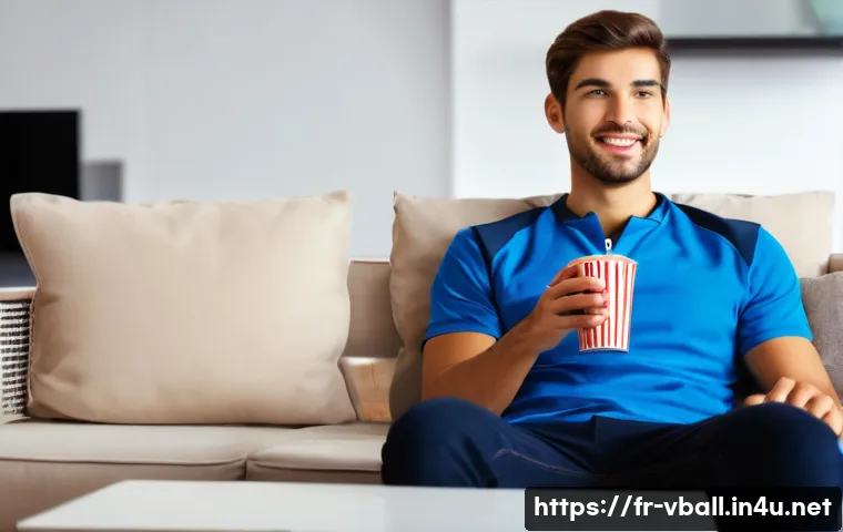 배구 실시간 중계 사이트 - **Prompt:** A young man, aged around 20-25, is comfortably seated on a plush sofa in a dimly lit, co...