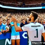 Home 23 배구 경기장에서 팬과의 교류 - A lively volleyball stadium scene in France, capturing a professional player warmly signing a volley...