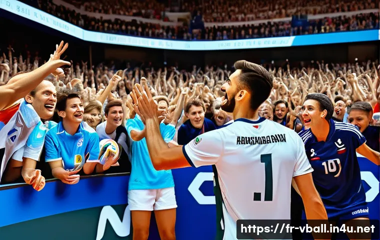 배구 경기장에서 팬과의 교류 - A lively volleyball stadium scene in France, capturing a professional player warmly signing a volley...