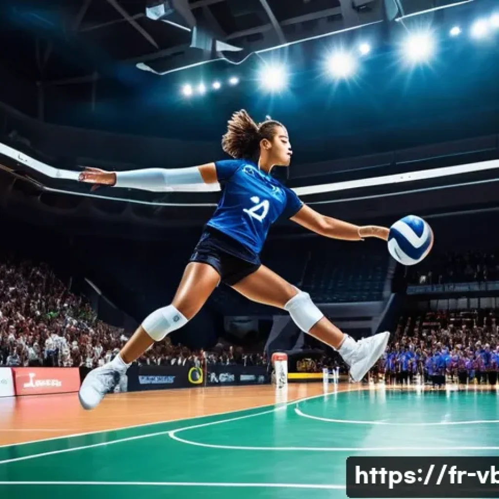 배구 서포터 착용법 - A dynamic volleyball player wearing dense foam knee pads and breathable compression sleeves, jumping...