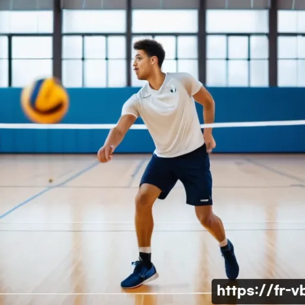 배구 경기 전 컨디션 조절 - A male volleyball player warming up indoors in a modern gymnasium, wearing a fitted volleyball unifo...