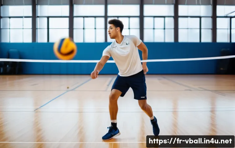 배구 경기 전 컨디션 조절 - A male volleyball player warming up indoors in a modern gymnasium, wearing a fitted volleyball unifo...