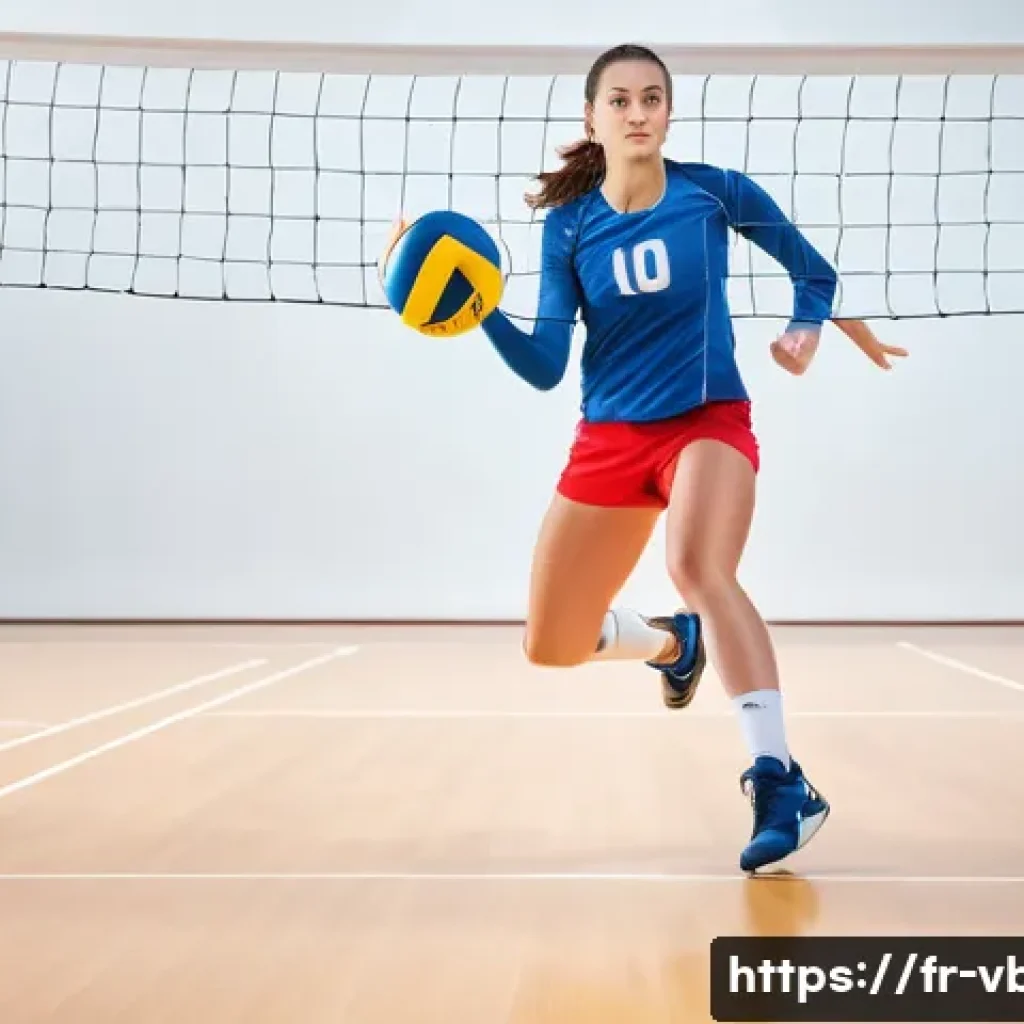 배구 연습 필수 장비 - A dynamic indoor volleyball scene featuring a female athlete wearing breathable mesh volleyball shoe...