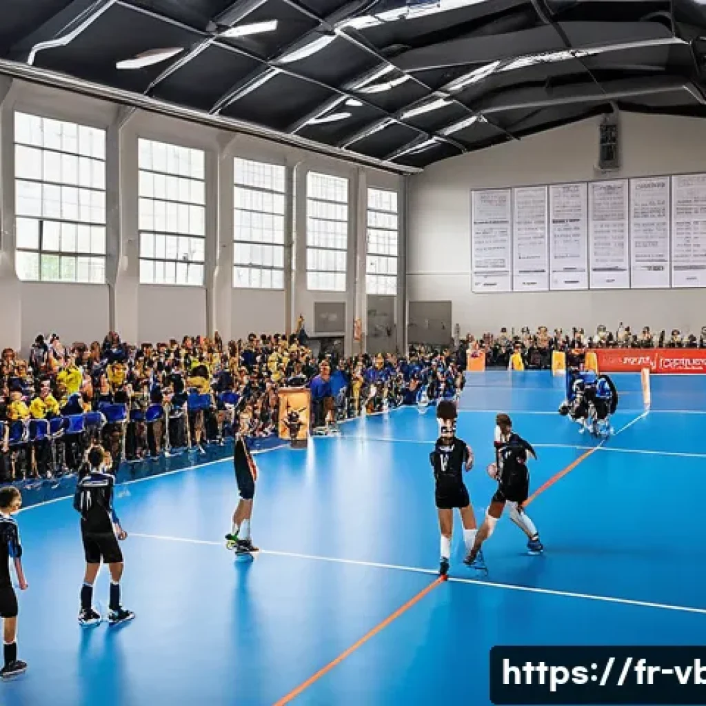 배구 관련 이벤트 홍보 - A dynamic indoor volleyball tournament scene in a modern French gymnasium, showing diverse teams war...