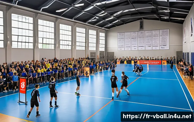 배구 관련 이벤트 홍보 - A dynamic indoor volleyball tournament scene in a modern French gymnasium, showing diverse teams war...