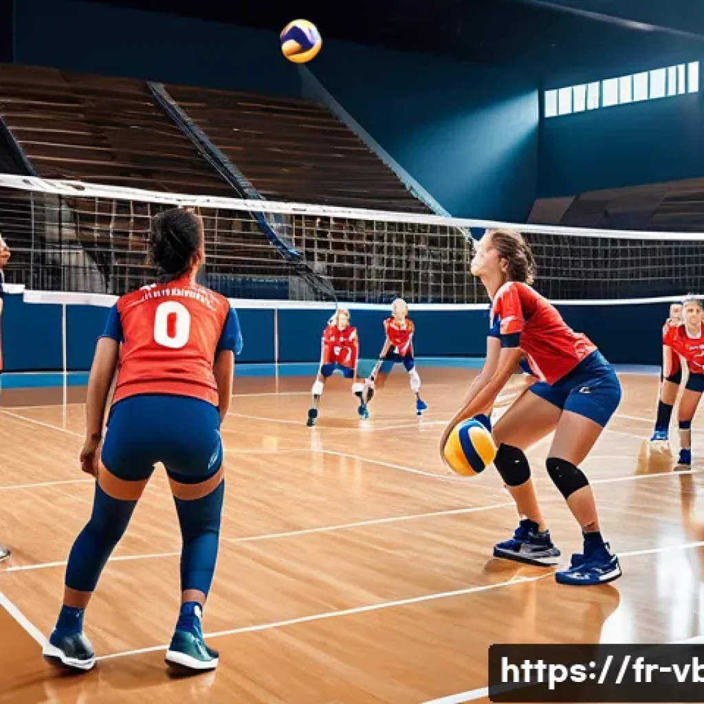 배구 경기의 주요 포인트 - A dynamic volleyball match scene inside a modern indoor sports arena in France, featuring a diverse ...