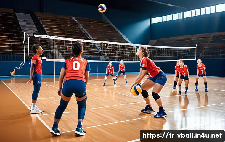 배구 경기의 주요 포인트 - A dynamic volleyball match scene inside a modern indoor sports arena in France, featuring a diverse ...