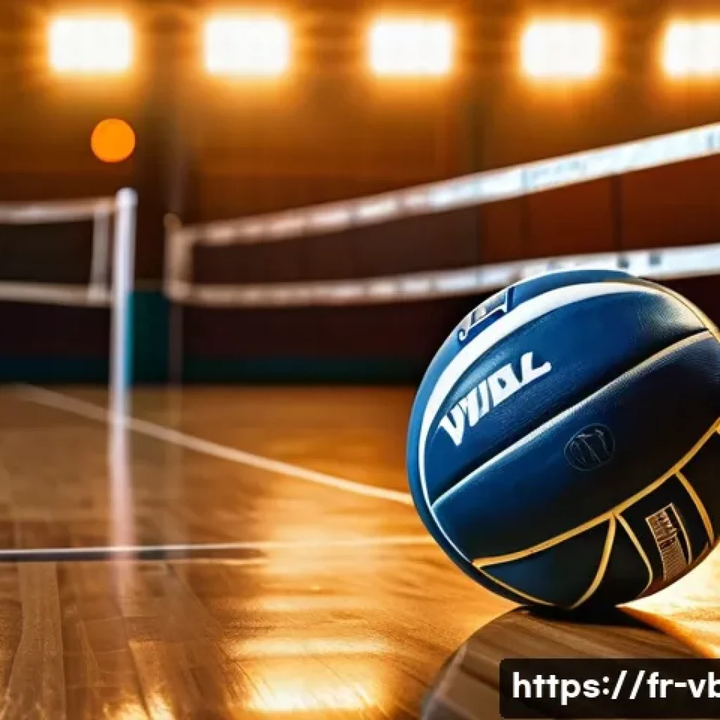 배구공 브랜드 비교 - A high-quality synthetic leather volleyball resting on a polished indoor gym floor under bright aren...