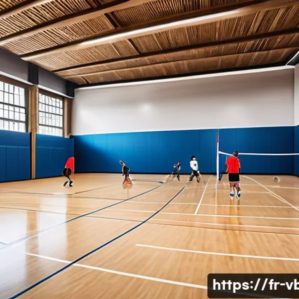 배구 인기 상승의 배경 - A modern, renovated multifunctional gymnasium in a French city, brightly lit with wooden flooring an...