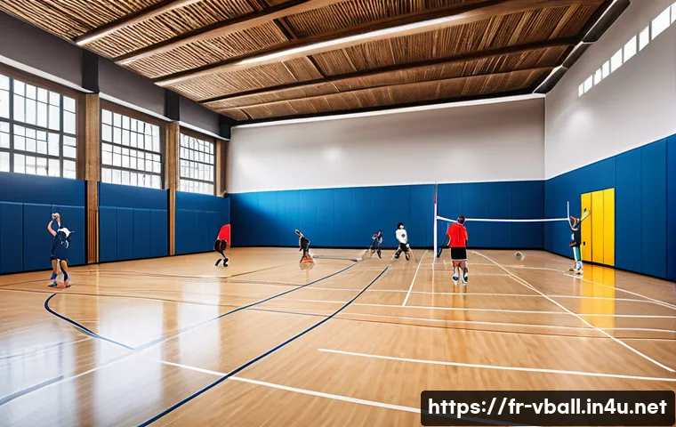 배구 인기 상승의 배경 - A modern, renovated multifunctional gymnasium in a French city, brightly lit with wooden flooring an...