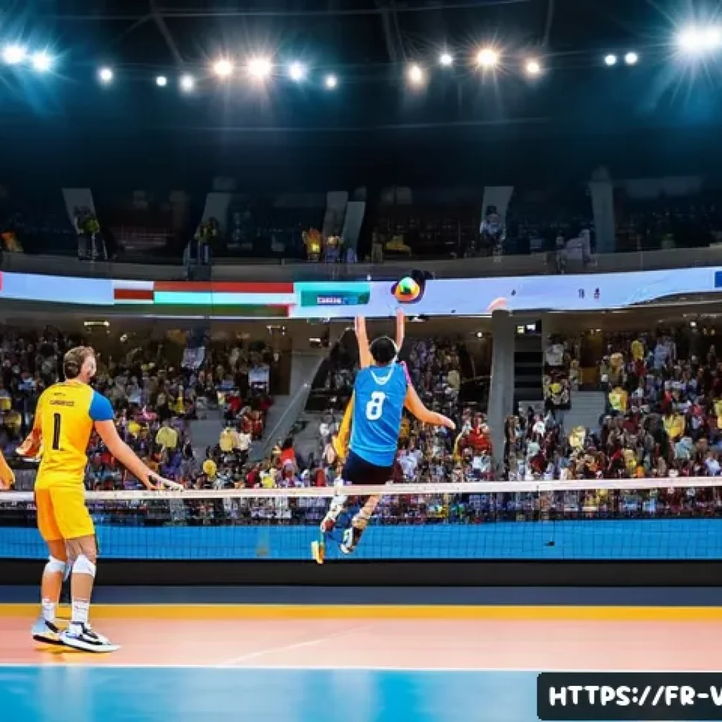 배구 경기 관전 매력 - A dynamic indoor volleyball match in a modern French sports arena filled with enthusiastic spectator...
