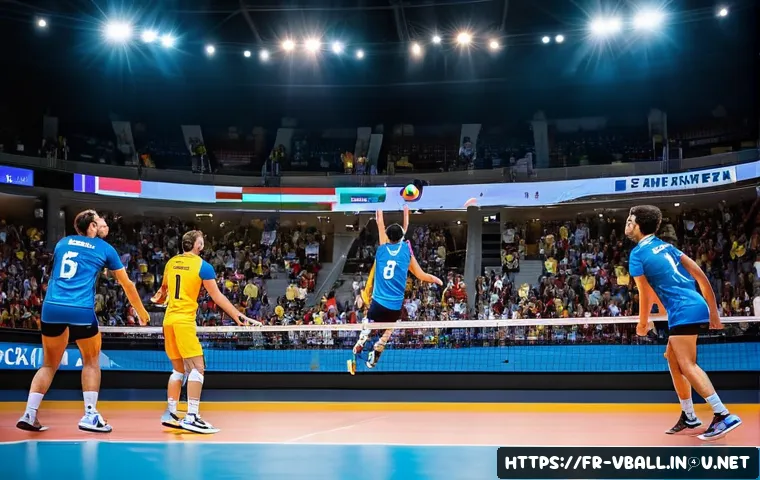 배구 경기 관전 매력 - A dynamic indoor volleyball match in a modern French sports arena filled with enthusiastic spectator...