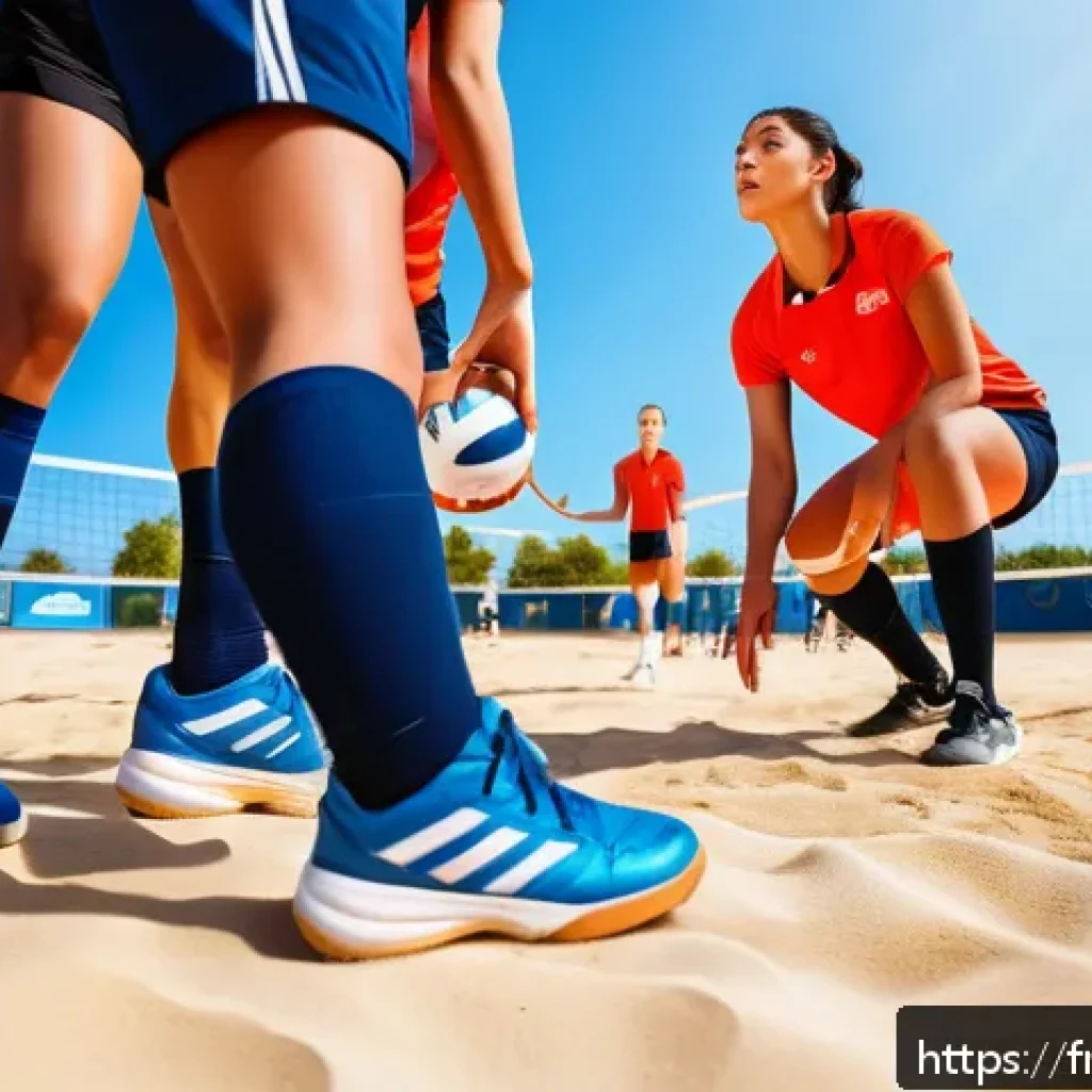 배구의 주요 기술 용어 - A dynamic volleyball scene on an outdoor court during a sunny day, featuring a diverse group of adul...