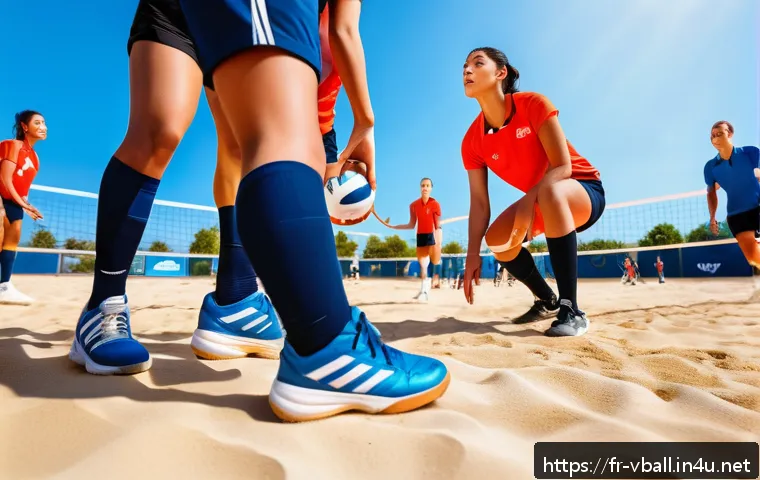 배구의 주요 기술 용어 - A dynamic volleyball scene on an outdoor court during a sunny day, featuring a diverse group of adul...