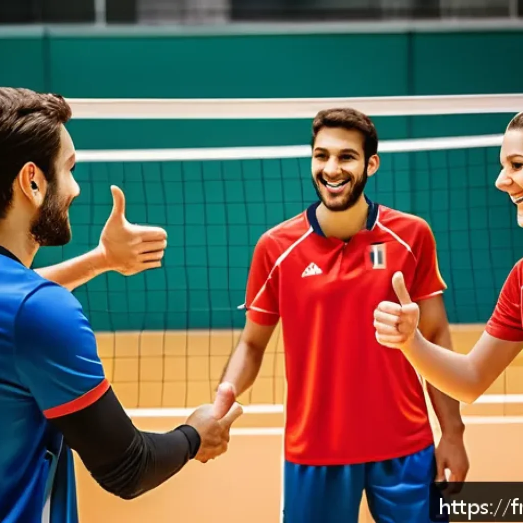 배구 경기 중 소통 스킬 - A dynamic volleyball team huddled closely on an indoor court, communicating with clear and simple ha...
