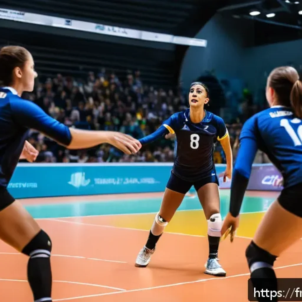 배구 경기에서의 전략적 변화 - A dynamic volleyball match scene showcasing a libero player in action as a defensive conductor, posi...