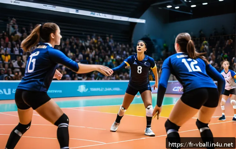 배구 경기에서의 전략적 변화 - A dynamic volleyball match scene showcasing a libero player in action as a defensive conductor, posi...