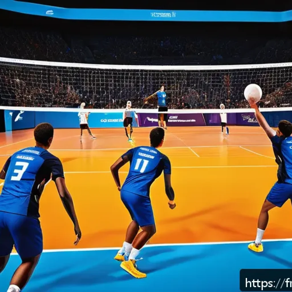 배구 포스터 디자인 아이디어 - A dynamic volleyball poster featuring vibrant colors such as electric blue, bright yellow, and fiery...