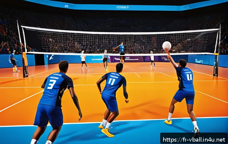 배구 포스터 디자인 아이디어 - A dynamic volleyball poster featuring vibrant colors such as electric blue, bright yellow, and fiery...