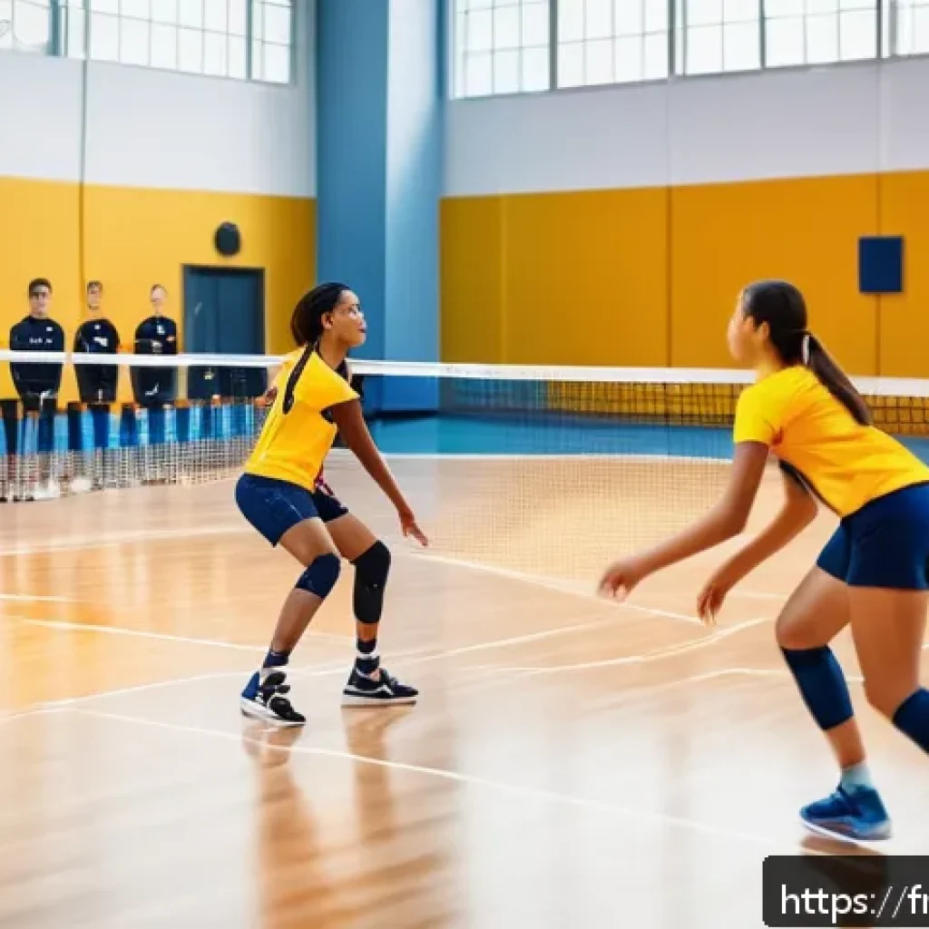 배구 경기에서의 포지션 전환 - A dynamic volleyball training scene inside a modern indoor sports hall, featuring a diverse team of ...