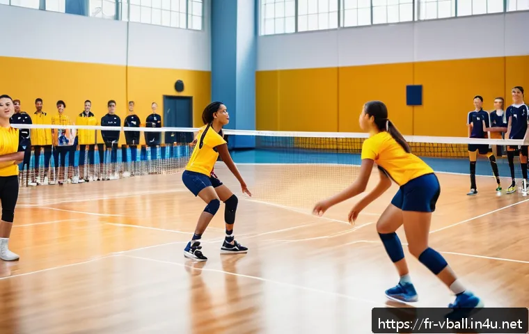 배구 경기에서의 포지션 전환 - A dynamic volleyball training scene inside a modern indoor sports hall, featuring a diverse team of ...