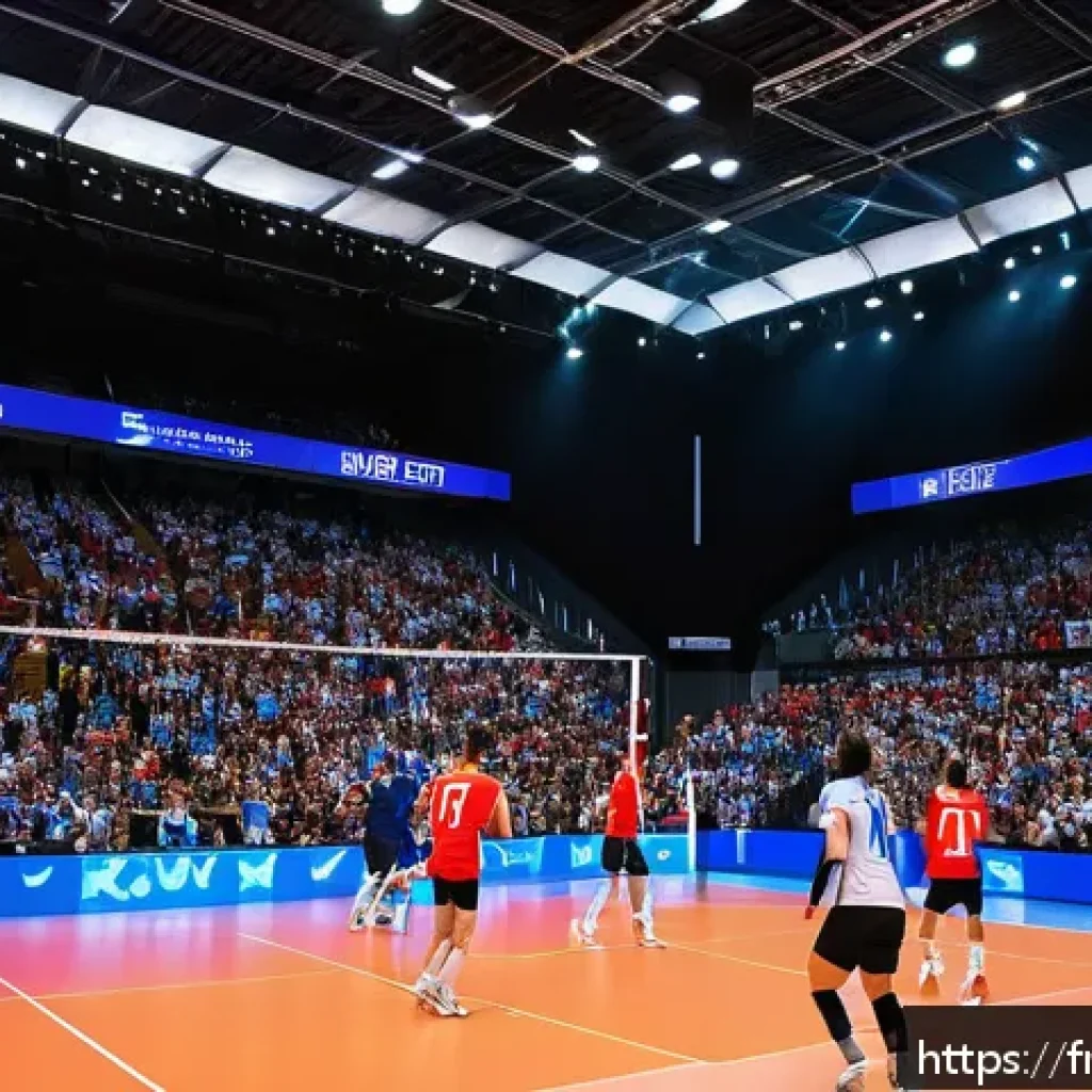 배구 국제 대회 일정 - A dynamic international volleyball match scene inside a modern European indoor stadium filled with p...