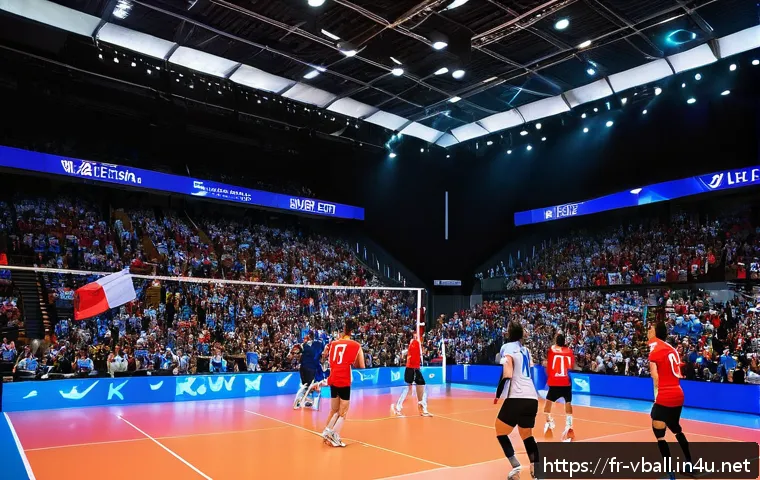배구 국제 대회 일정 - A dynamic international volleyball match scene inside a modern European indoor stadium filled with p...