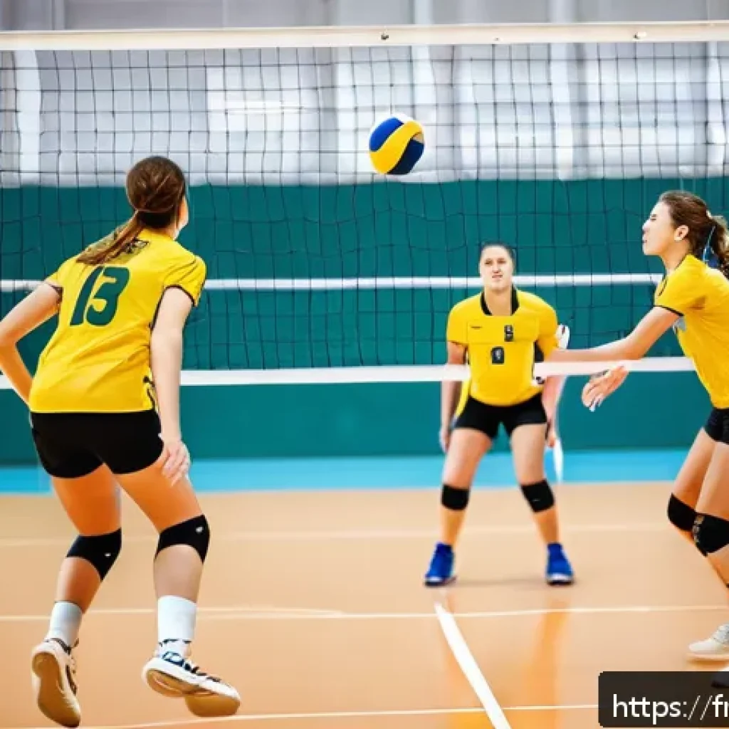 배구 규칙 시험 준비 - A dynamic volleyball match scene featuring two teams of six players each on a brightly lit indoor co...