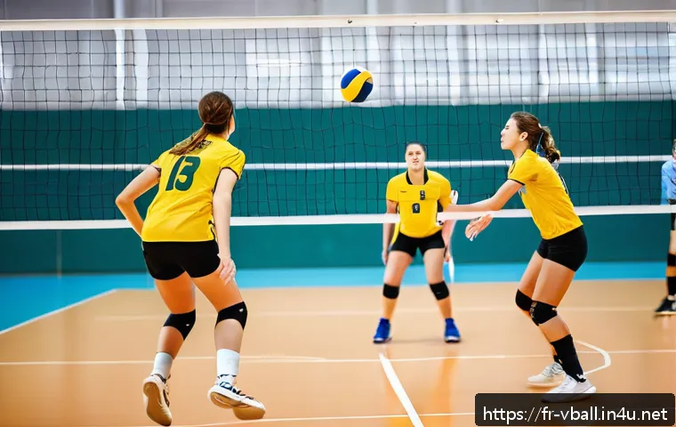 배구 규칙 시험 준비 - A dynamic volleyball match scene featuring two teams of six players each on a brightly lit indoor co...