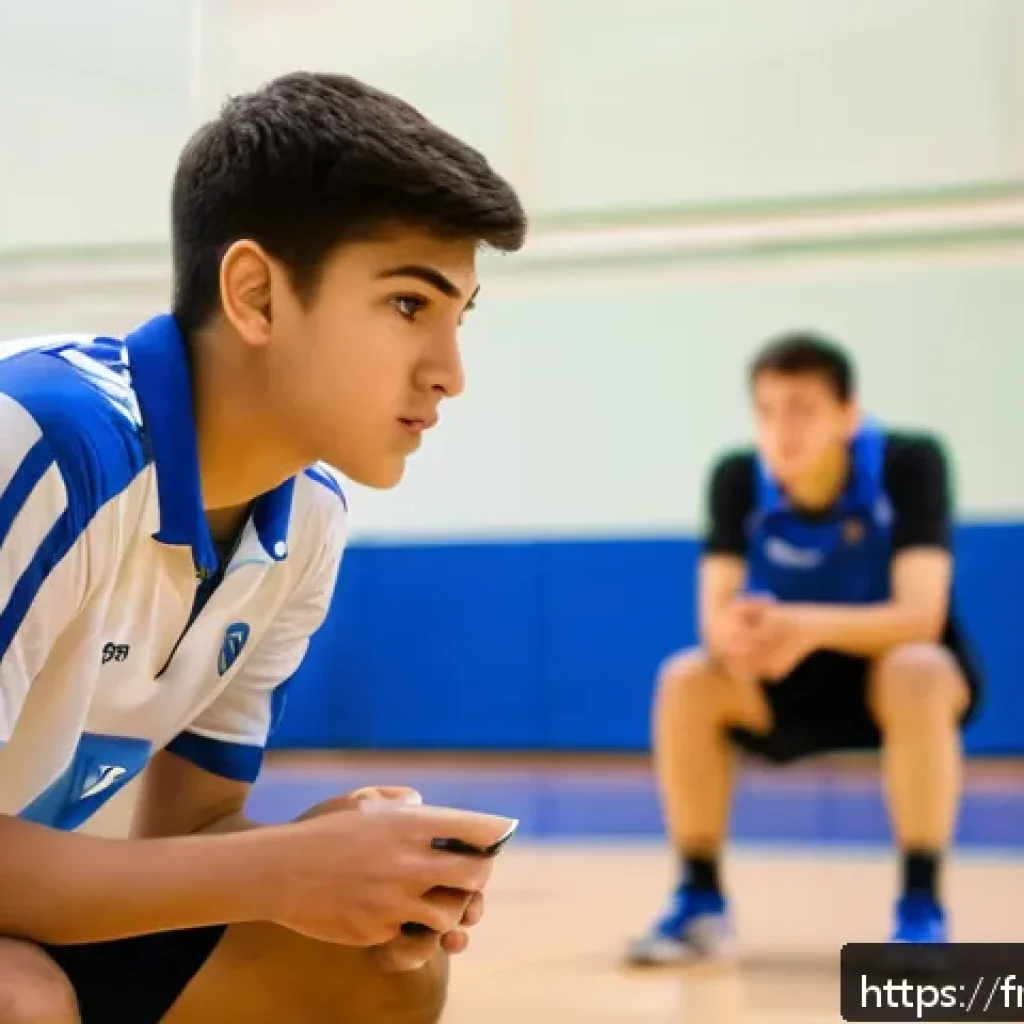 배구 스카우팅 기법 - A detailed scene of a volleyball scout observing a young male athlete during a regional match, focus...