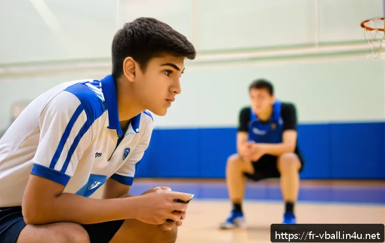 배구 스카우팅 기법 - A detailed scene of a volleyball scout observing a young male athlete during a regional match, focus...