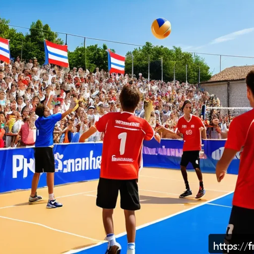 배구 대회 스폰서십 활용 - A vibrant outdoor volleyball tournament scene in a French regional town, capturing passionate fans o...