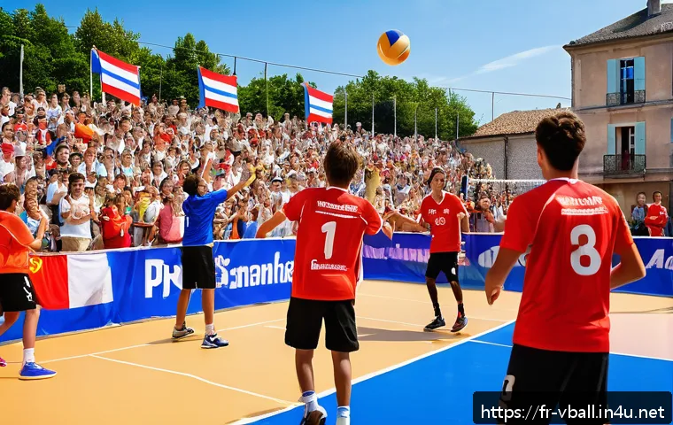 배구 대회 스폰서십 활용 - A vibrant outdoor volleyball tournament scene in a French regional town, capturing passionate fans o...