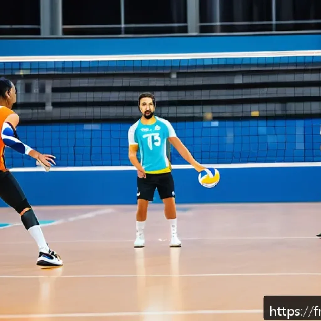 배구 관련 최신 트렌드 - A modern indoor volleyball match scene featuring players executing a variety of serves inspired by b...
