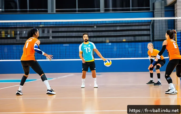 배구 관련 최신 트렌드 - A modern indoor volleyball match scene featuring players executing a variety of serves inspired by b...