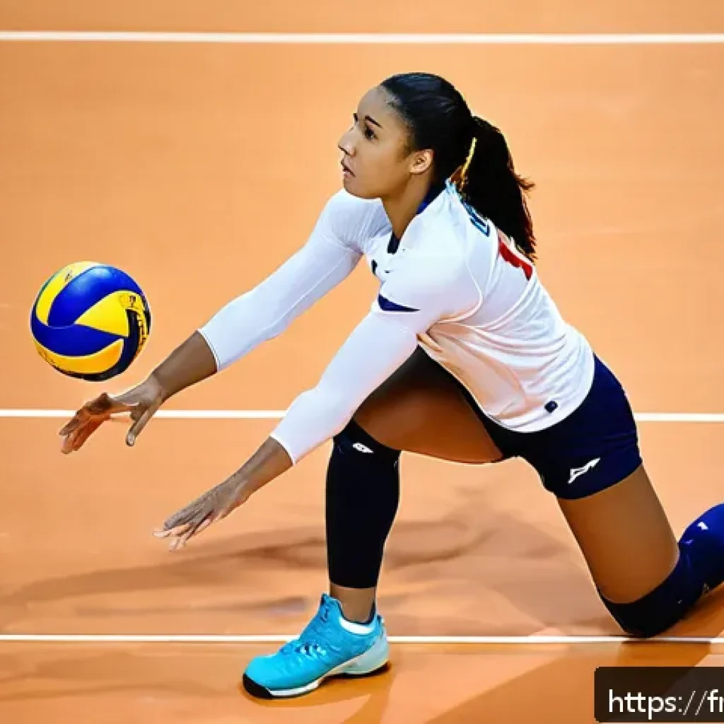 배구 무릎 보호대 추천 - A professional volleyball player in mid-action on a bright indoor court, wearing sleek, semi-rigid M...